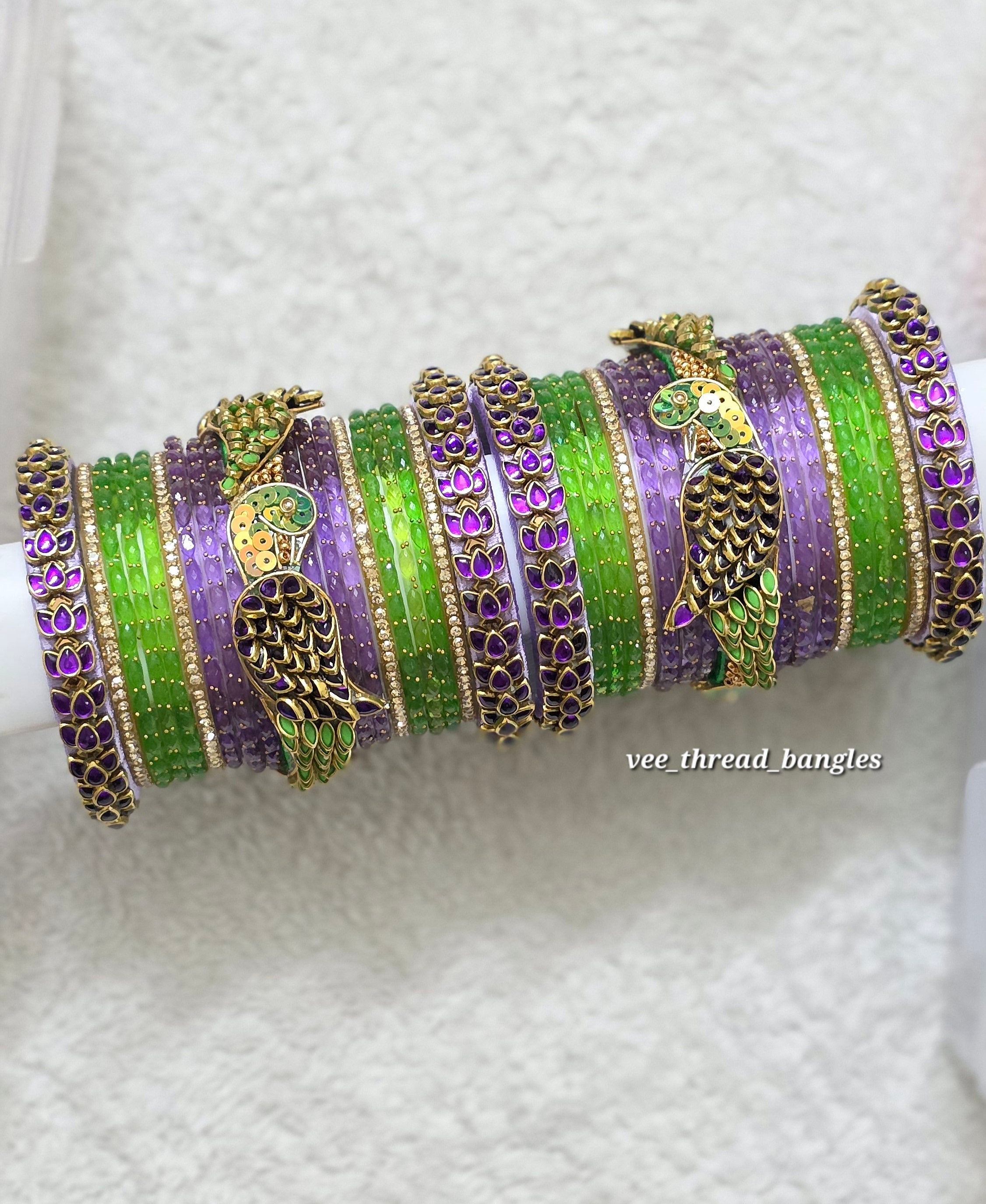 Elegant Green Parrot with Lotus Bridal Bangles
