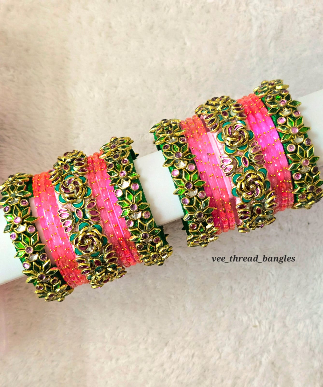 Beautiful Baby pink with Green Glass Mixed Bridal set (Glass Mixed Bangles)
