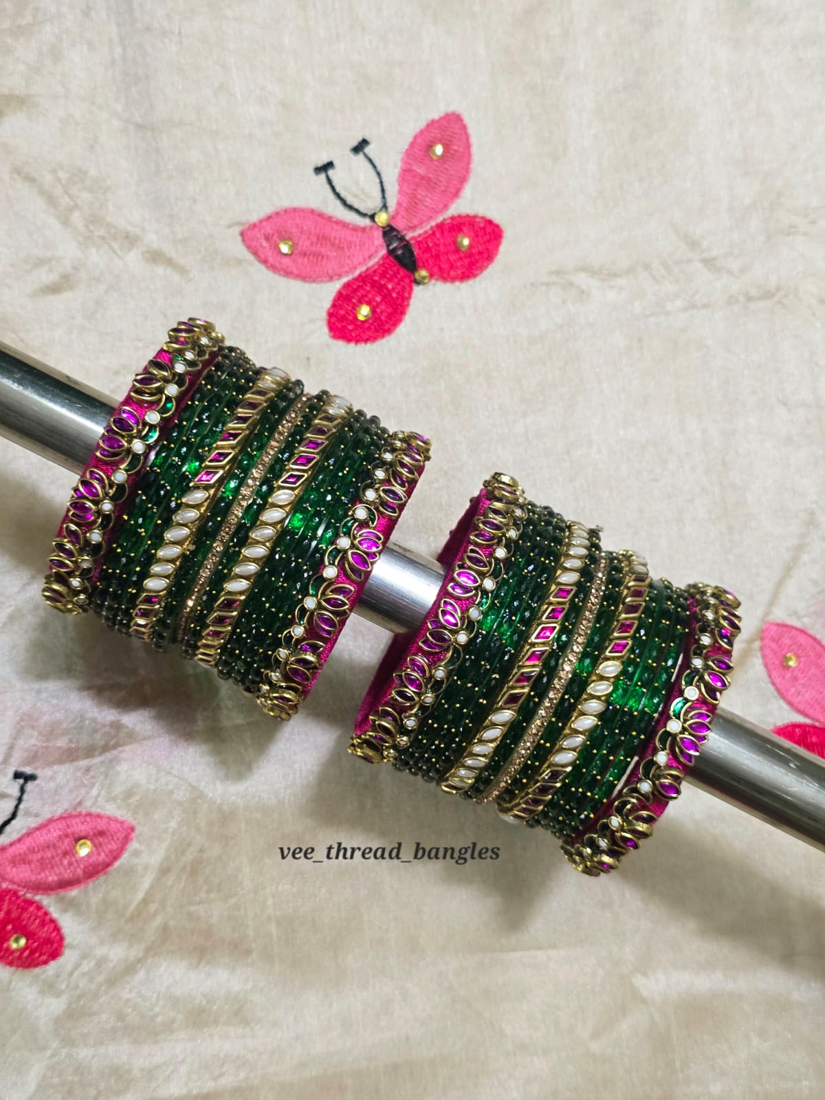 Dark Rose with Bottle Green Bangles (Glass Mixed Bangles)